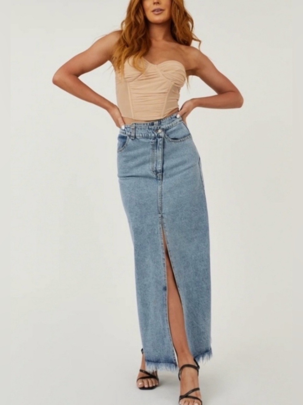 One Eleven 1:11 Josette Denim Maxi Skirt Long Slit Asymmetrical Zipper Oneleven